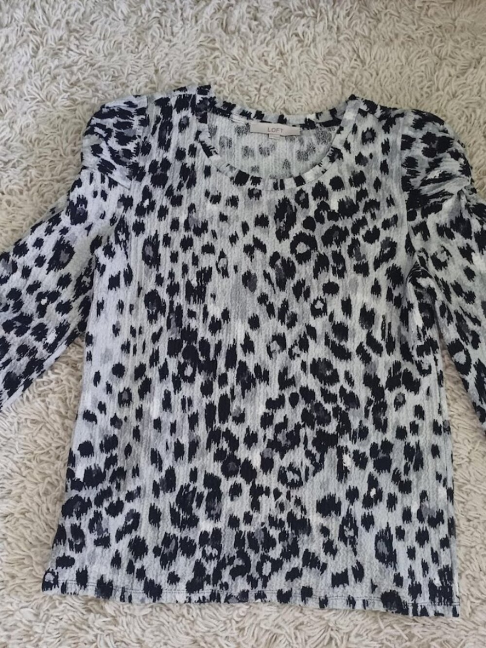 LOFT Large Leopard Animal Print Top Black Gray Ruched Puff Sleeve Textured